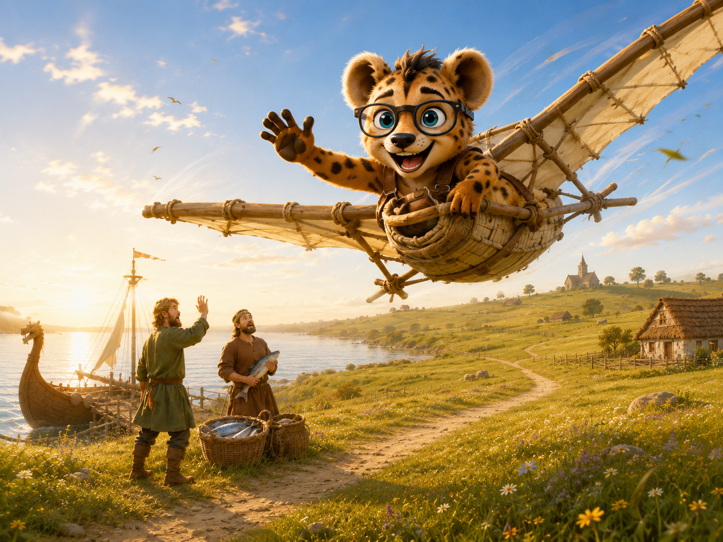 Hyena AI mascot riding a flying adventure device over a scenic landscape